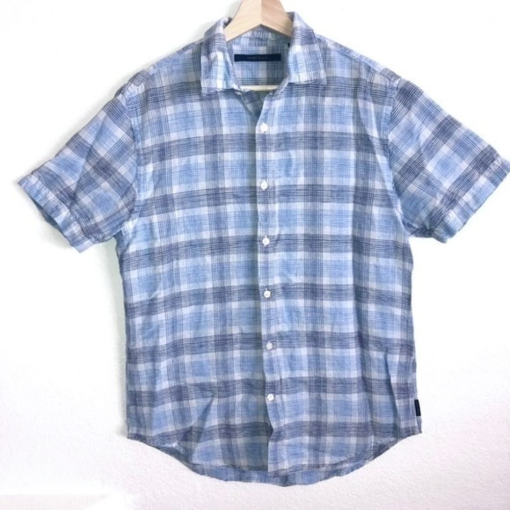 PERRY ELLIS BLUE WHITE PLAID BUTTON UP SHORT SLEEVE COTTON LINEN SHIRT MEDIUM